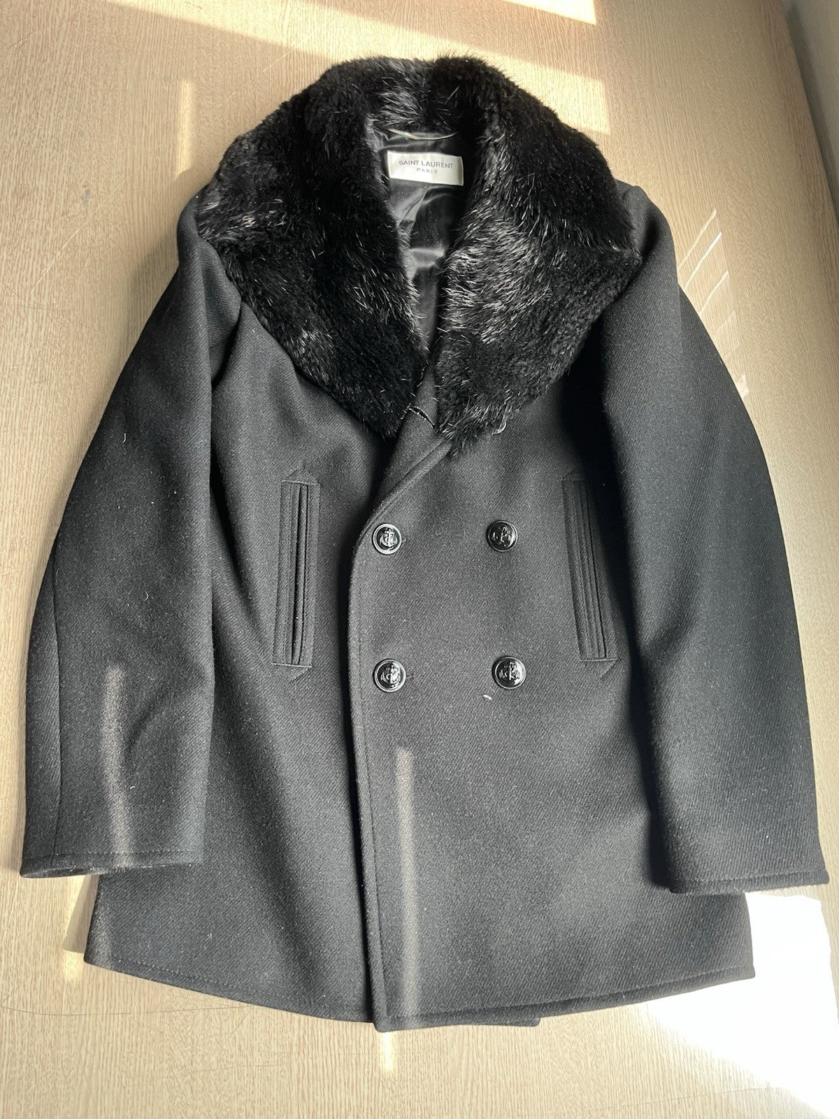 46 Saint Laurent Nutria real fur collar wool peacoat jacket