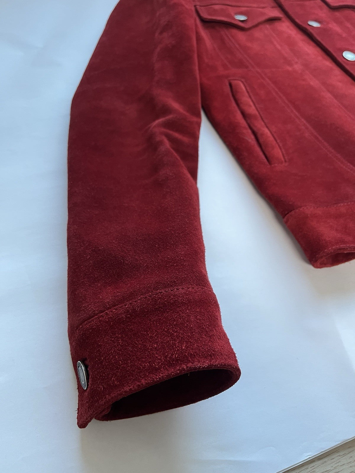 44 Saint Laurent red calf leather suede trucker jacket