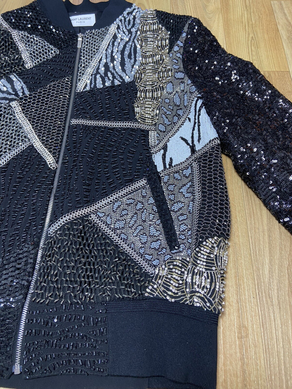 1/? 46 48 Saint Laurent Hedi Era Patchwork sequin Embellished bomber jacket