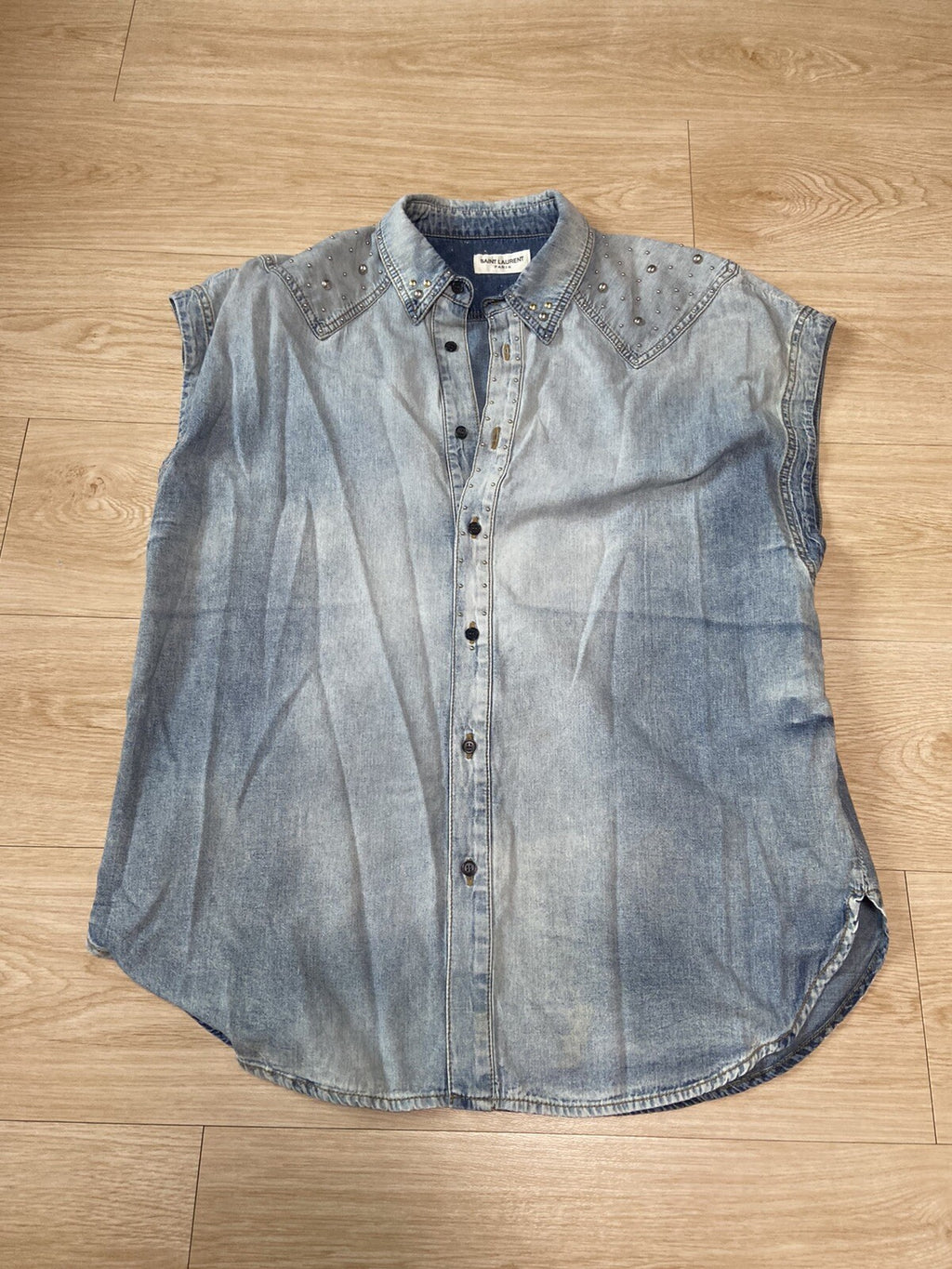 XXL Saint Laurent SS22 Sleeveless studded denim shirt jacket