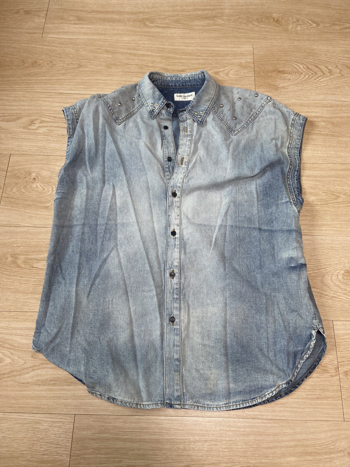 XXL Saint Laurent SS22 Sleeveless studded denim shirt jacket
