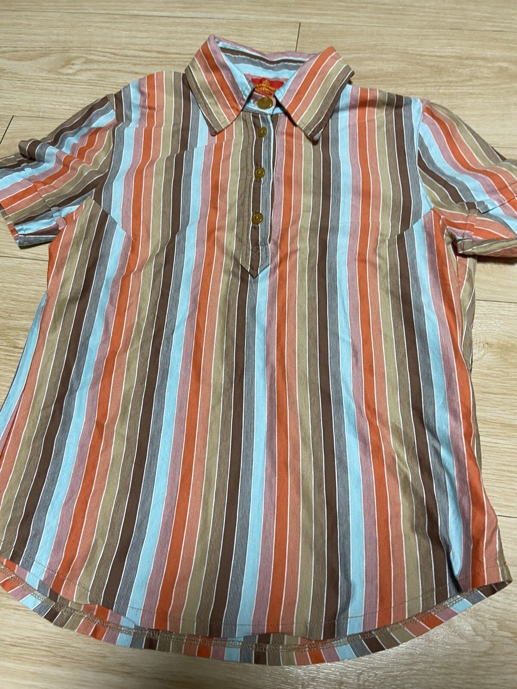M armhole dart orange stripe button short sleeve polo shirt 90s Vintage Red