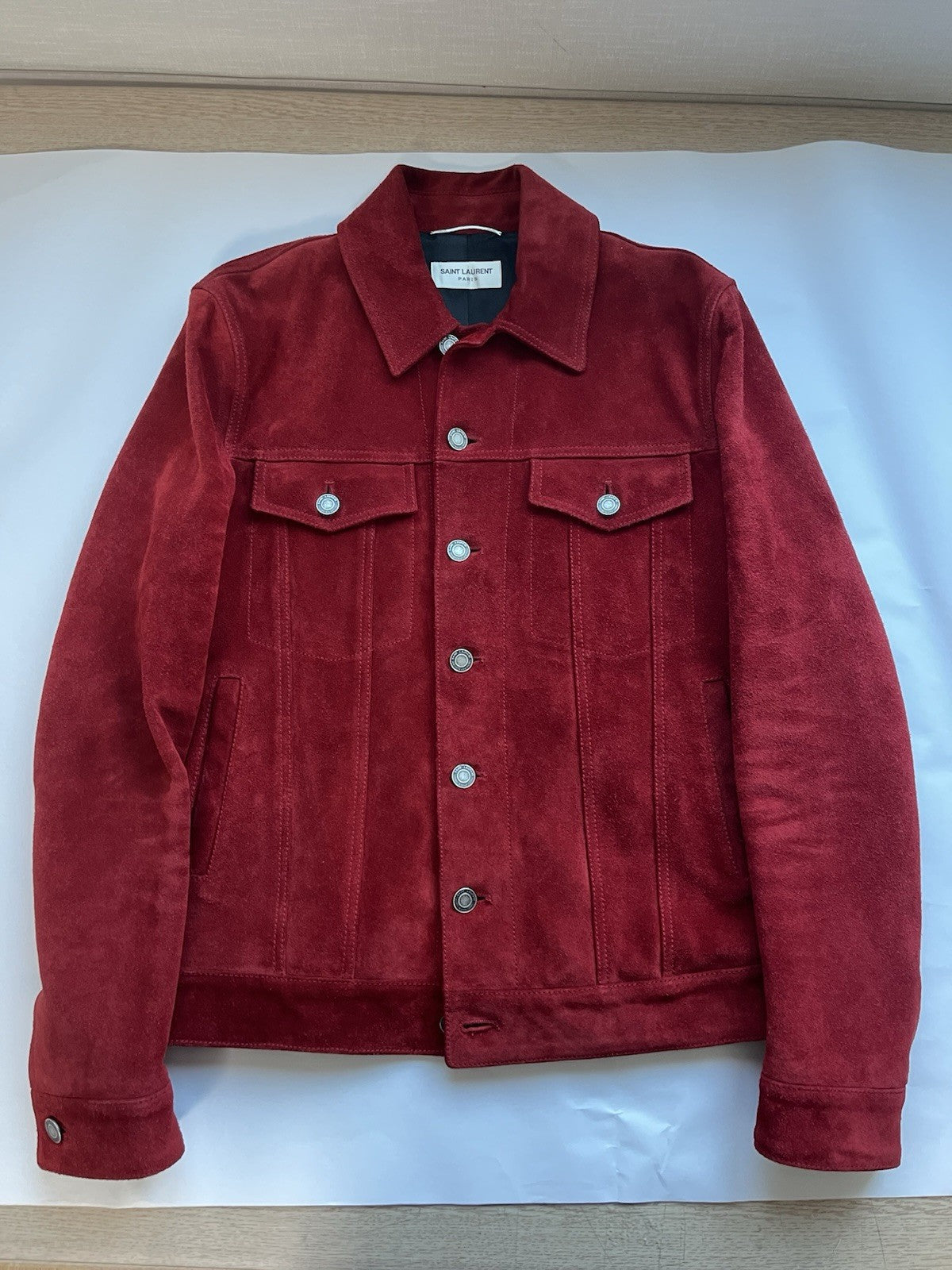 44 Saint Laurent red calf leather suede trucker jacket