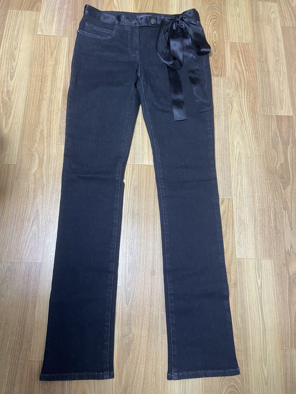 36 Chanel waist tie ribbons denim pants jeans