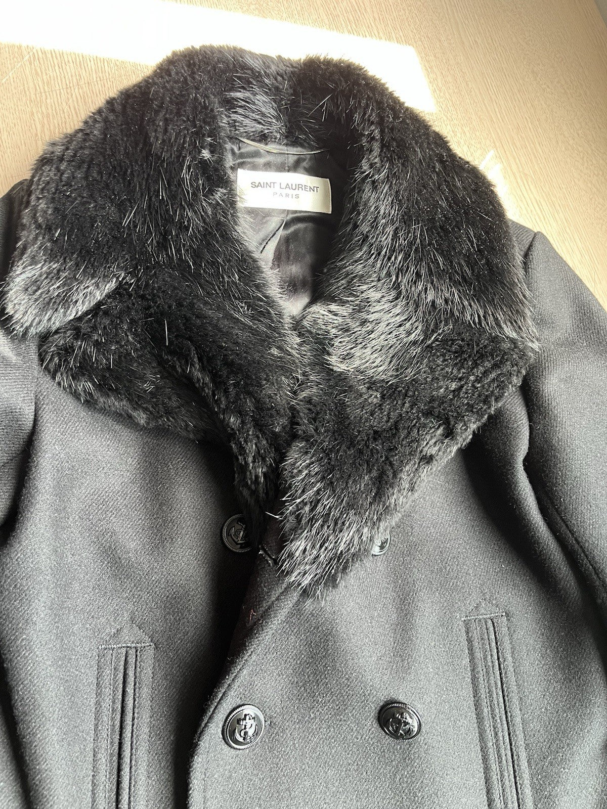 46 Saint Laurent Nutria real fur collar wool peacoat jacket