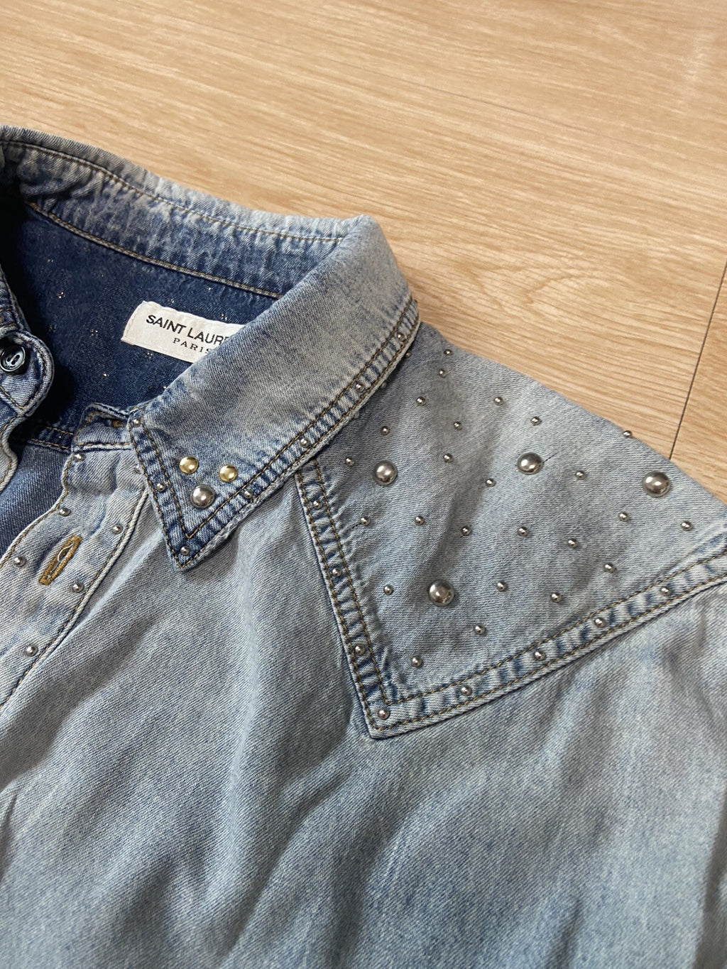 XXL Saint Laurent SS22 Sleeveless studded denim shirt jacket
