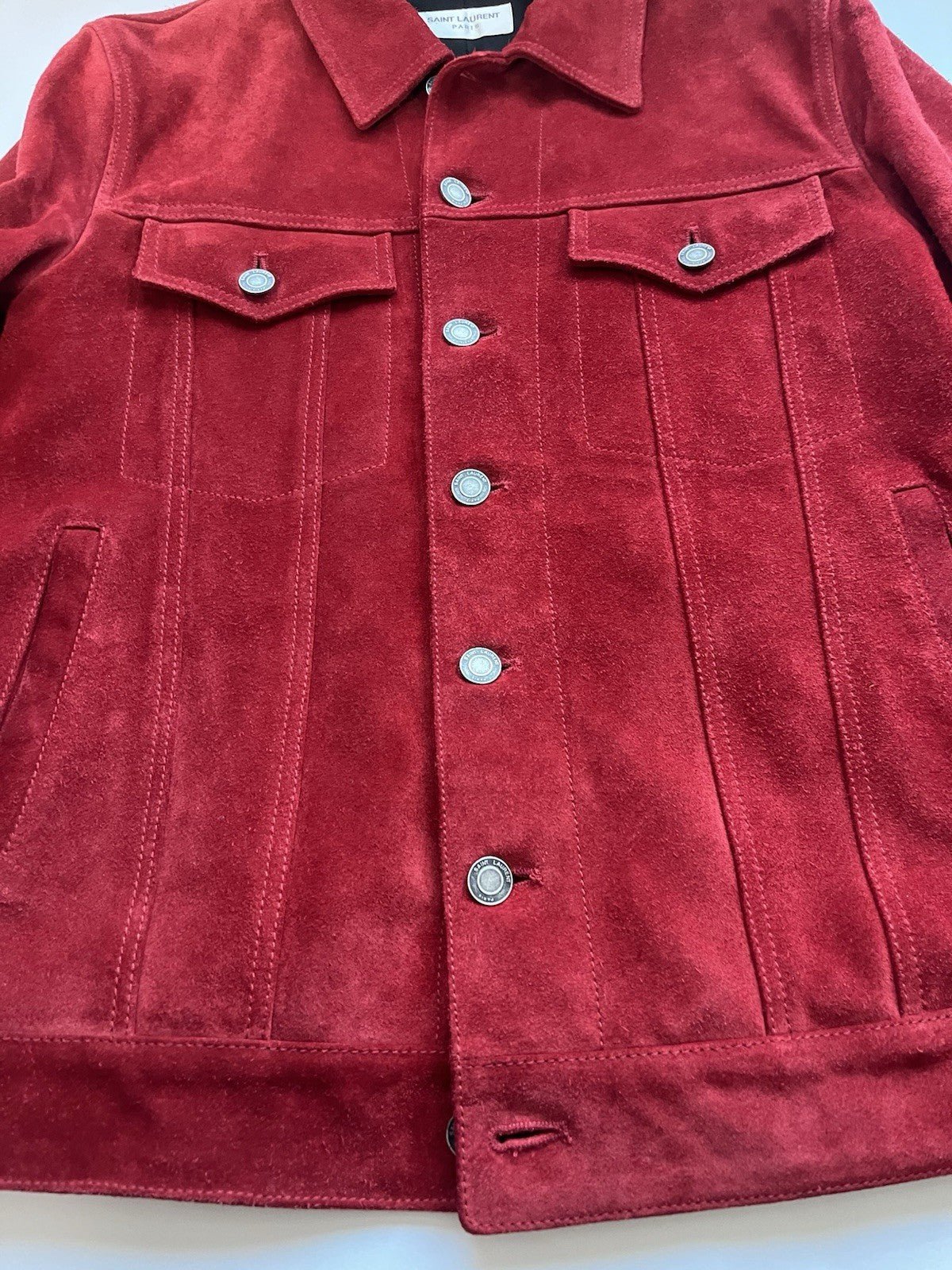 44 Saint Laurent red calf leather suede trucker jacket