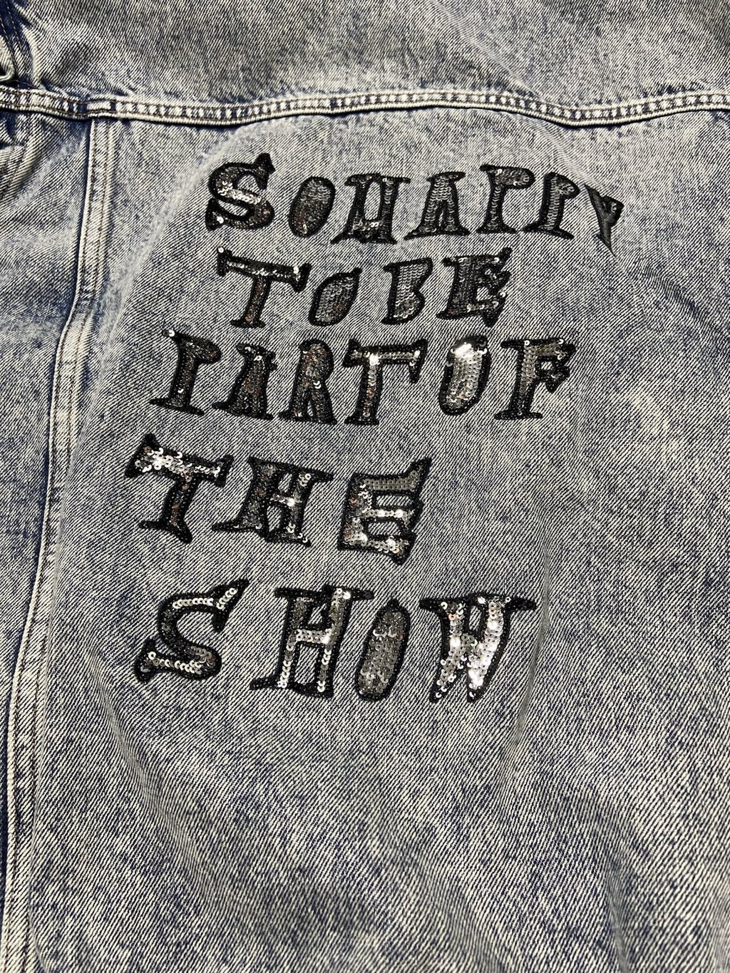 XS Celine Oversized ‘so happy’ sequin denim bomber jacket