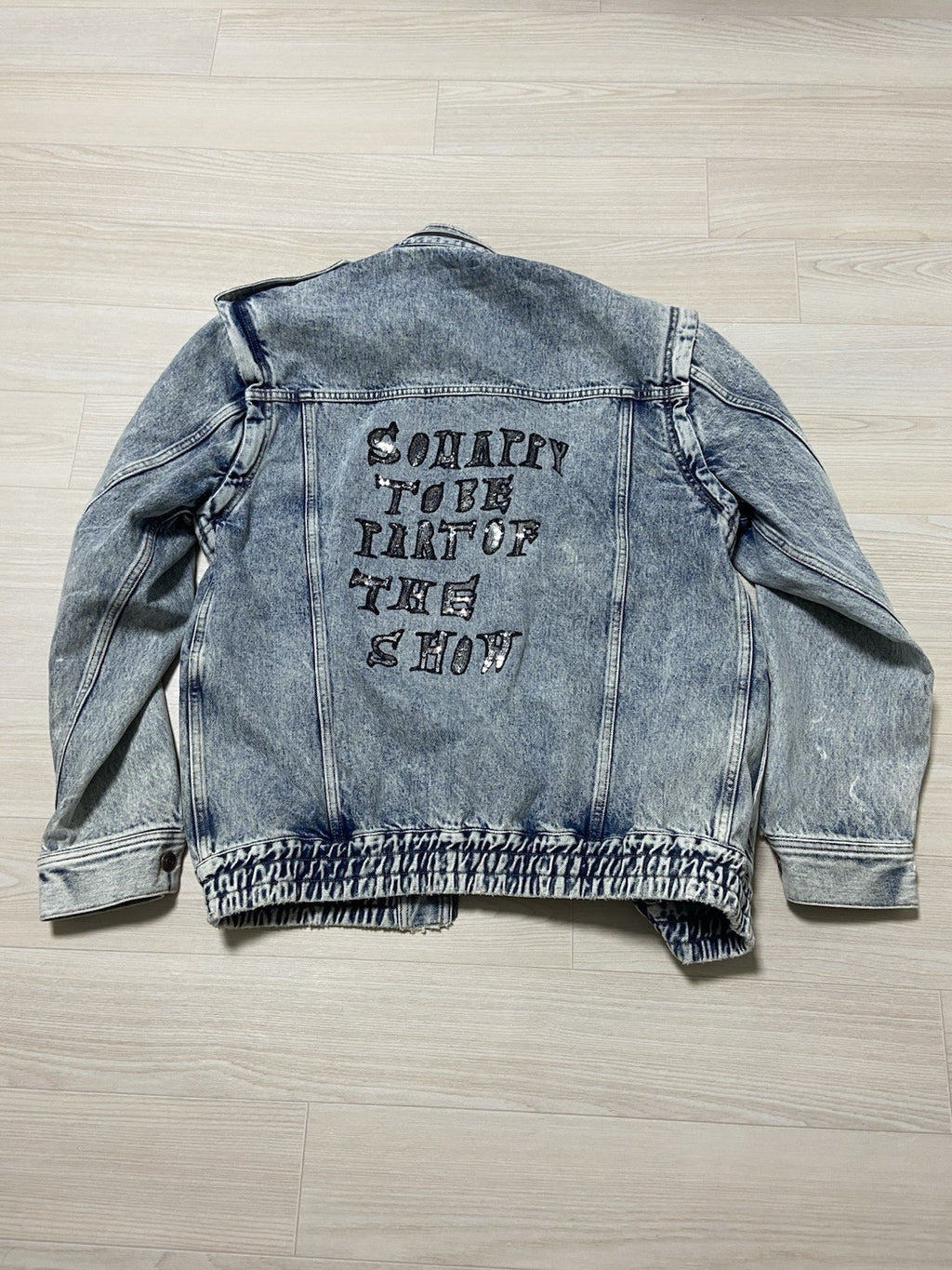 XS Celine Oversized ‘so happy’ sequin denim bomber jacket