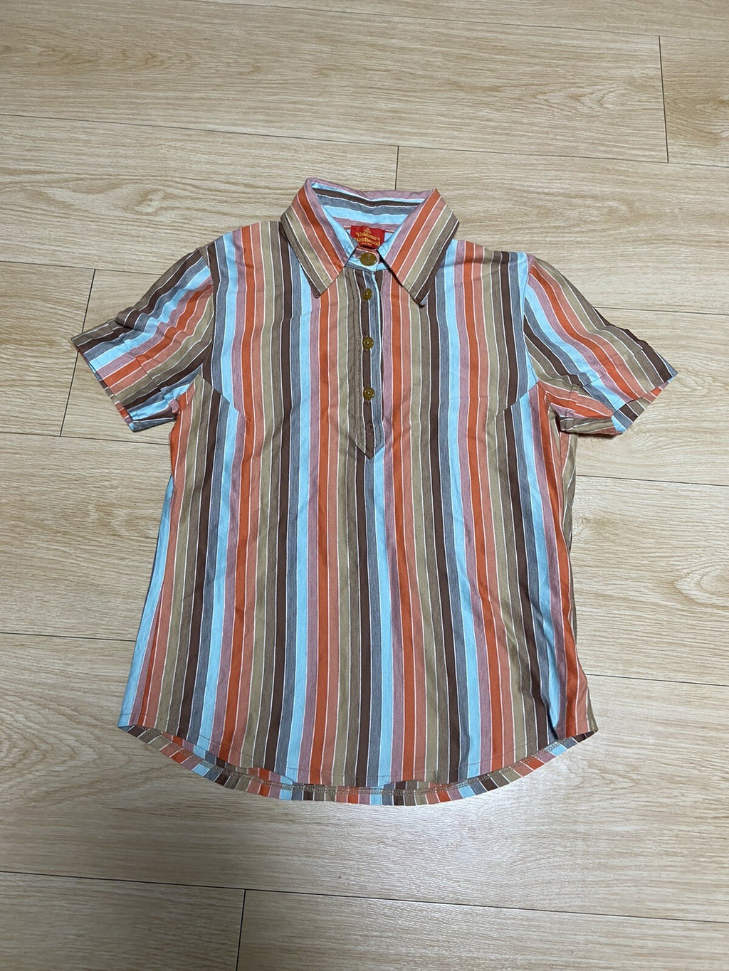 M armhole dart orange stripe button short sleeve polo shirt 90s Vintage Red