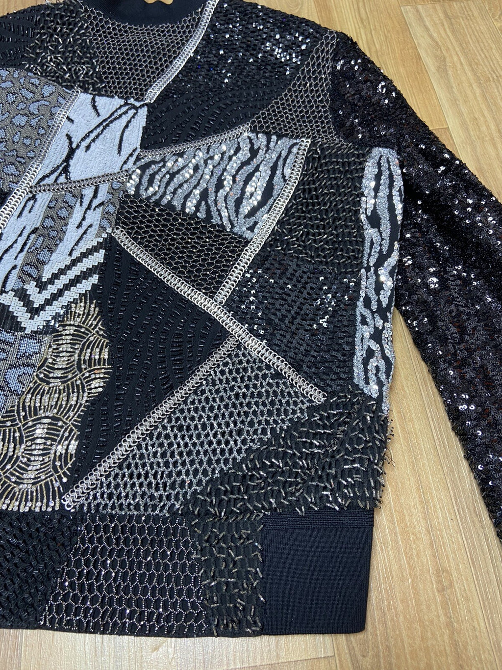 1/? 46 48 Saint Laurent Hedi Era Patchwork sequin Embellished bomber jacket
