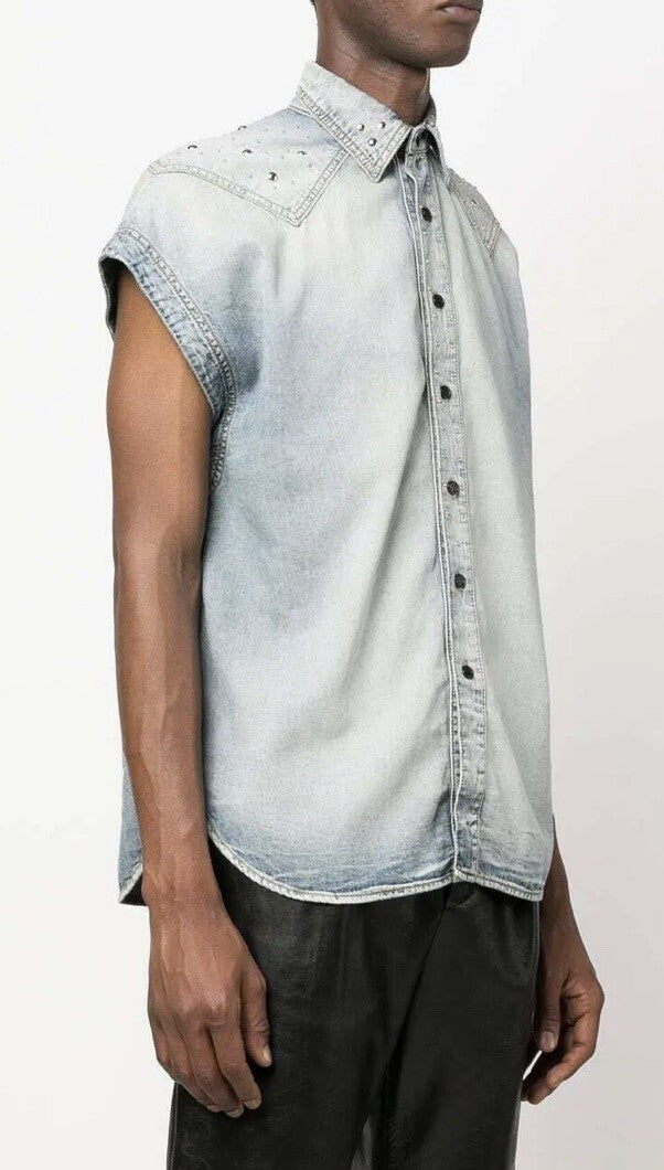 XXL Saint Laurent SS22 Sleeveless studded denim shirt jacket
