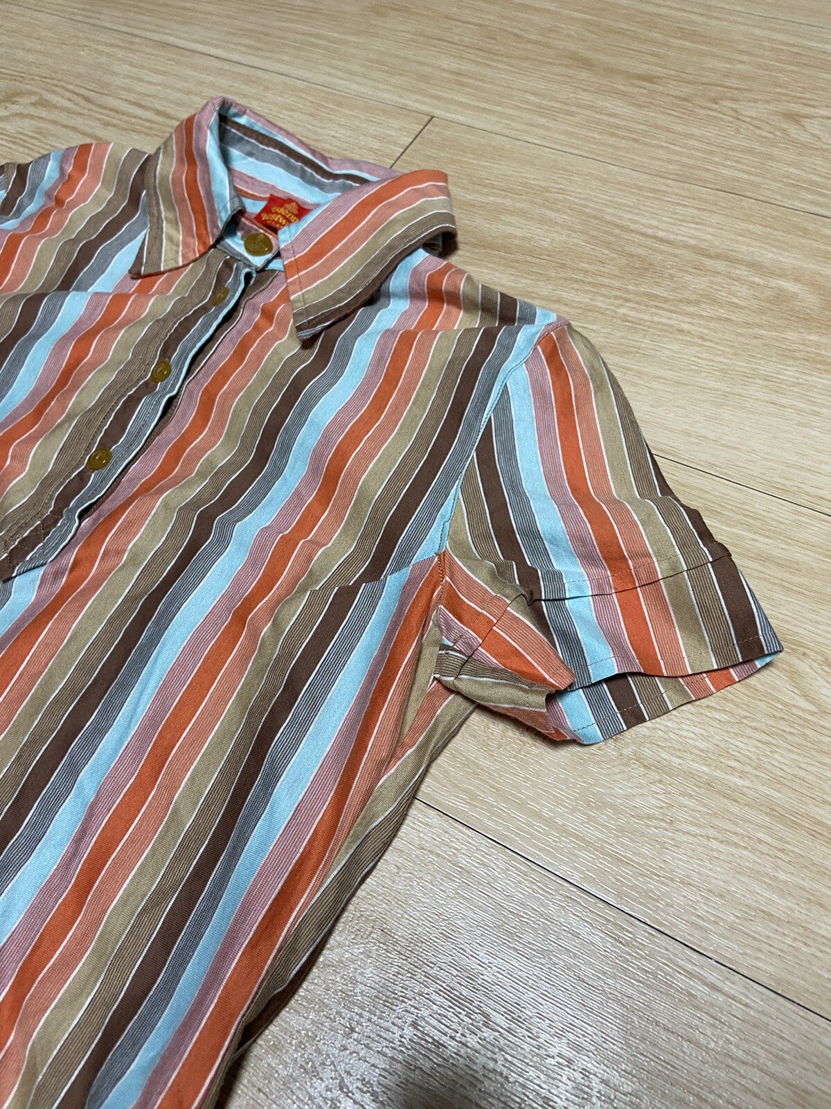 M armhole dart orange stripe button short sleeve polo shirt 90s Vintage Red
