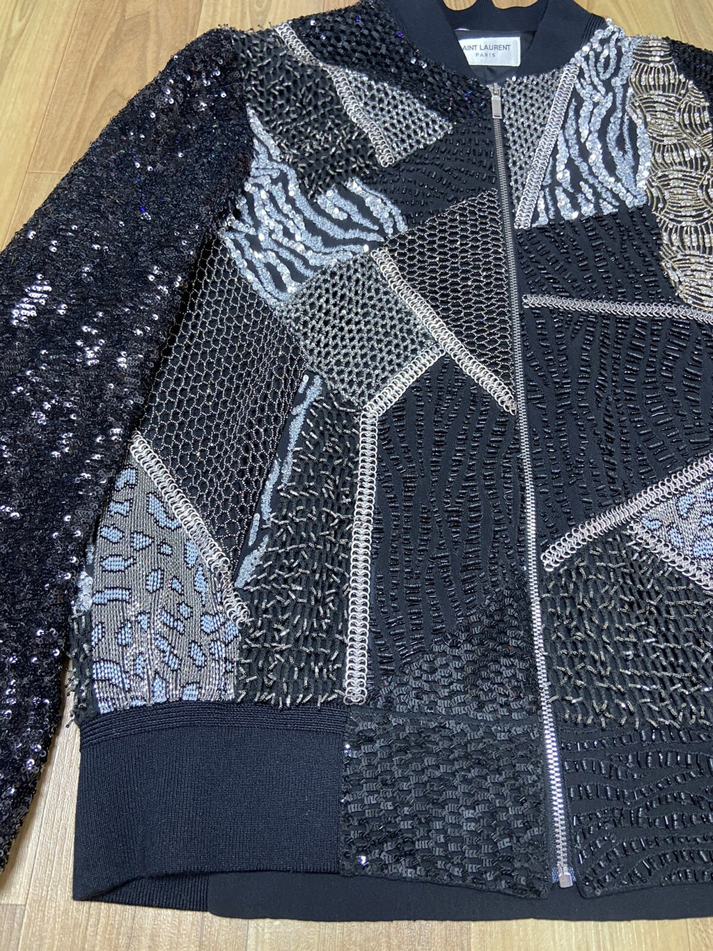 1/? 46 48 Saint Laurent Hedi Era Patchwork sequin Embellished bomber jacket