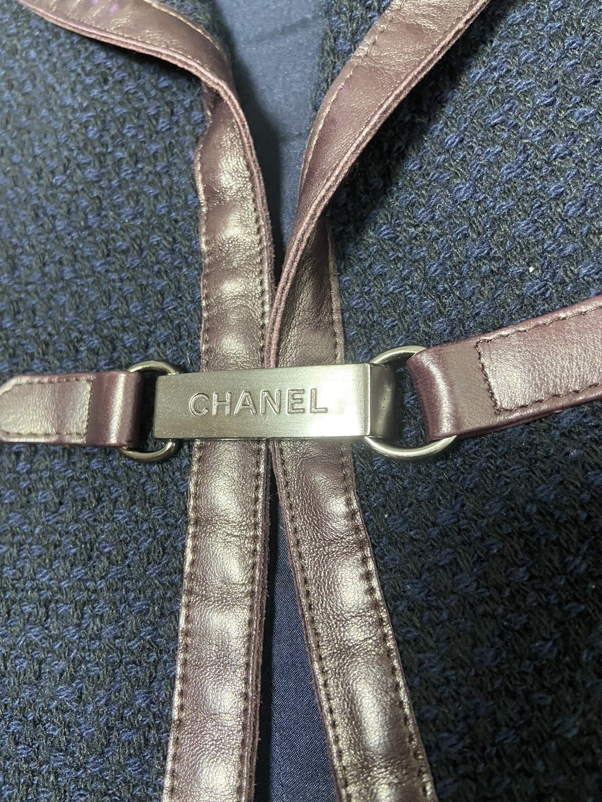 40 Chanel logo buckle leather trimmed wool tweed jacket