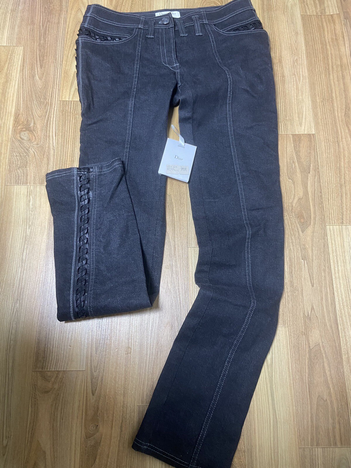40 Christian Dior Leather trimmed denim pamts jeans